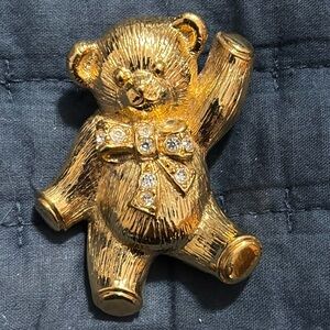 Vintage Avon Gold Tone Teddy Bear Brooch Pin with Rhinestones